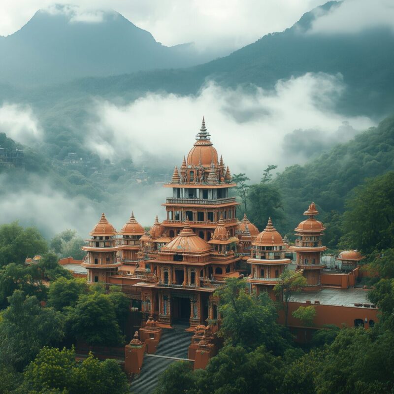 indian-city-buildings-scene A panoramic view of the Temple nestled in the green mountains, India, muted color, white clouds. with a distant mountain range behind. Captured with a wide-angle lens. Cinematic --ar 16:9 --stylize 250 --v 6.1 Job ID: 13436433-2381-44c4-ac5f-7148c4c4b2a5